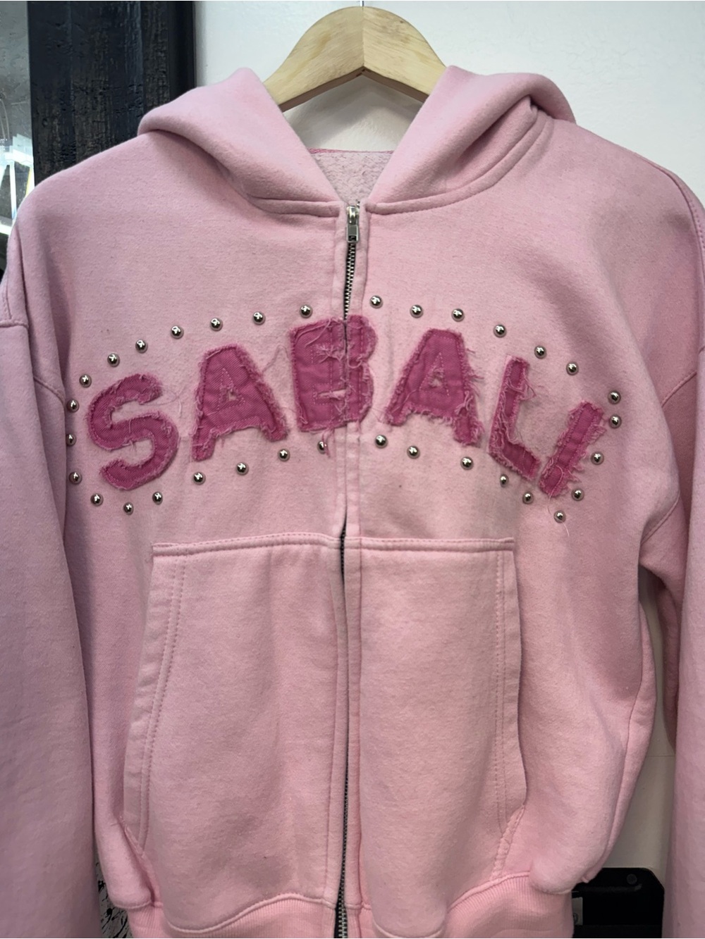 Sabali Pink Zip-Up Hoodie with Studded 'SABALI' Applique (small mark on hood) - Picture 2 of 5